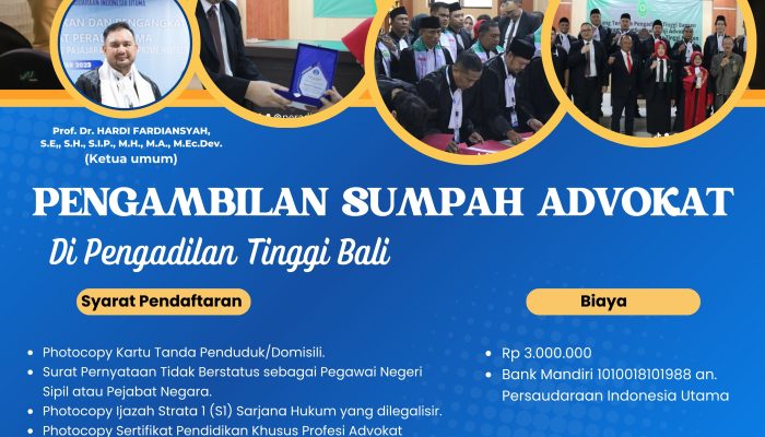 Peradi Utama Gelar Sumpah Advokat di Pengadilan Tinggi Bali pada Bulan September 2024